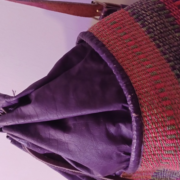 Colorful "Why Not" Purple Leather & Multi-color Woven Hemp Drawstring Bucket Bag - Picture 9 of 9